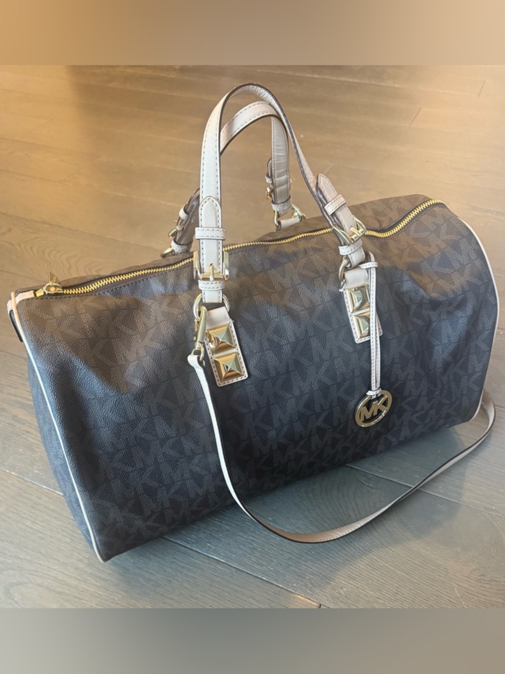 **RARE** Michael Kors Brown MK x-large Duffle Bag w/Natural Leather Trim